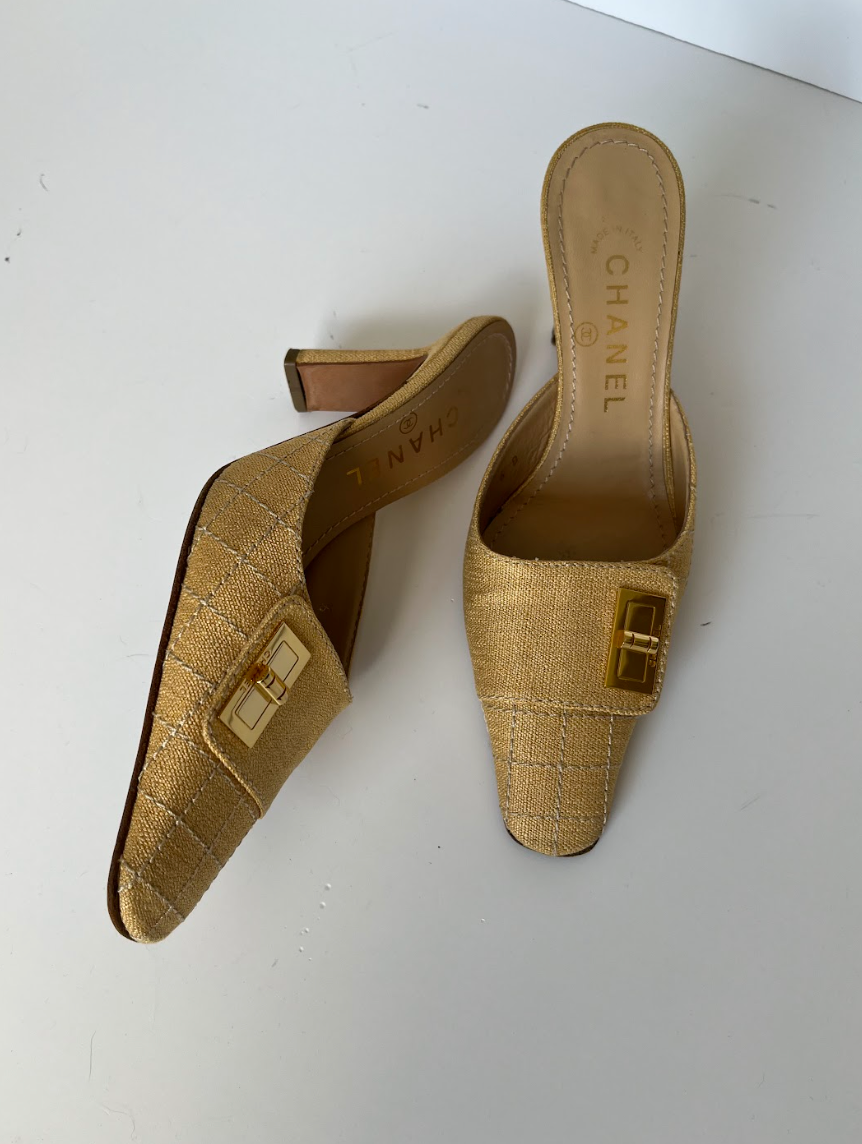 Chanel Tan Canvas Mules