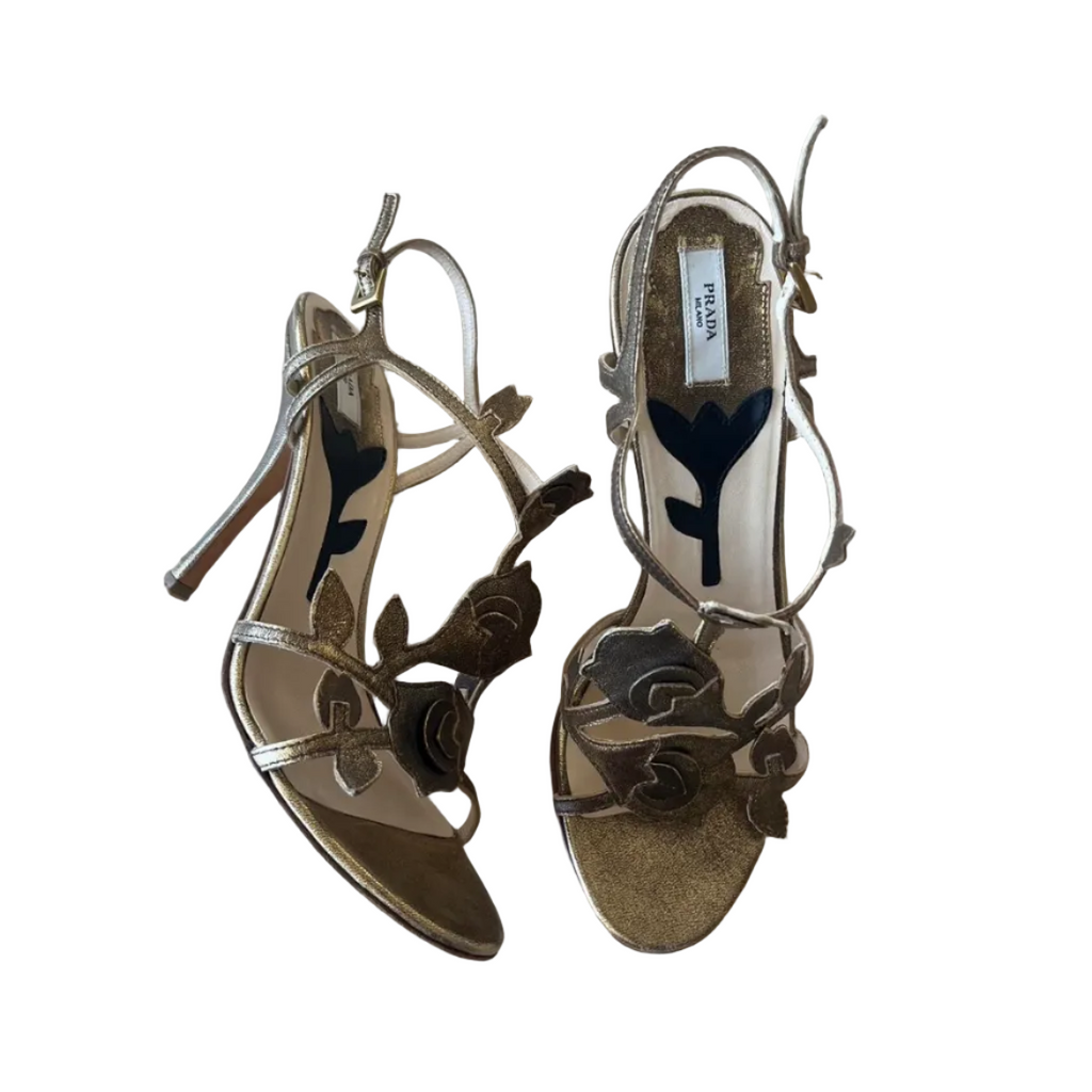 Vintage Prada Gold Bronze Leather Floral Rose Leaf Ankle Strap Heels