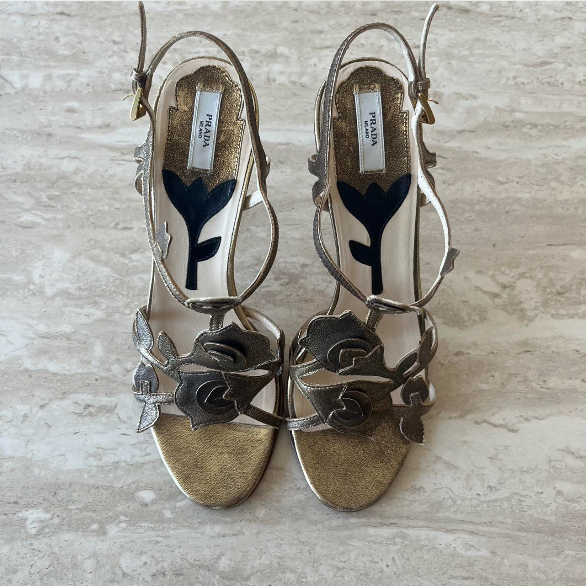 Vintage Prada Gold Bronze Leather Floral Rose Leaf Ankle Strap Heels