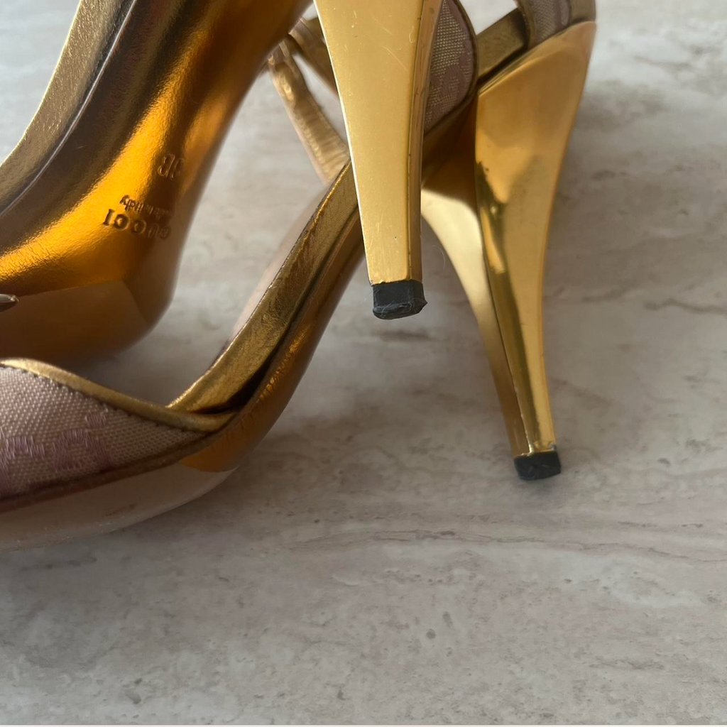 Vintage Gucci Baby Pink Monogram Metallic Copper Heels with Bumblebee Jewel Accent