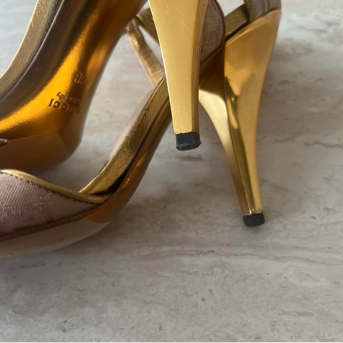 Vintage Gucci Baby Pink Monogram Metallic Copper Heels with Bumblebee Jewel Accent