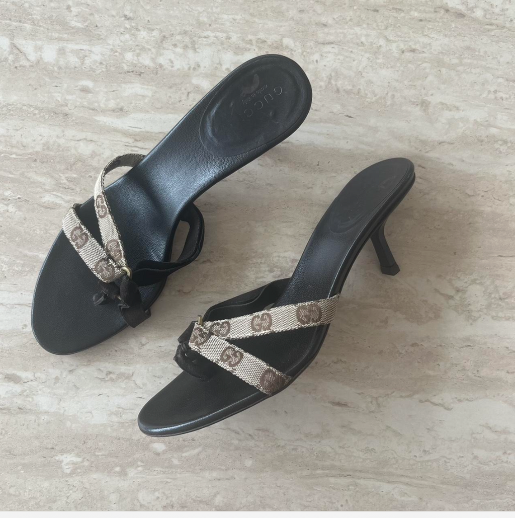 Vintage Gucci Brown Monogram Leather Mule Heels