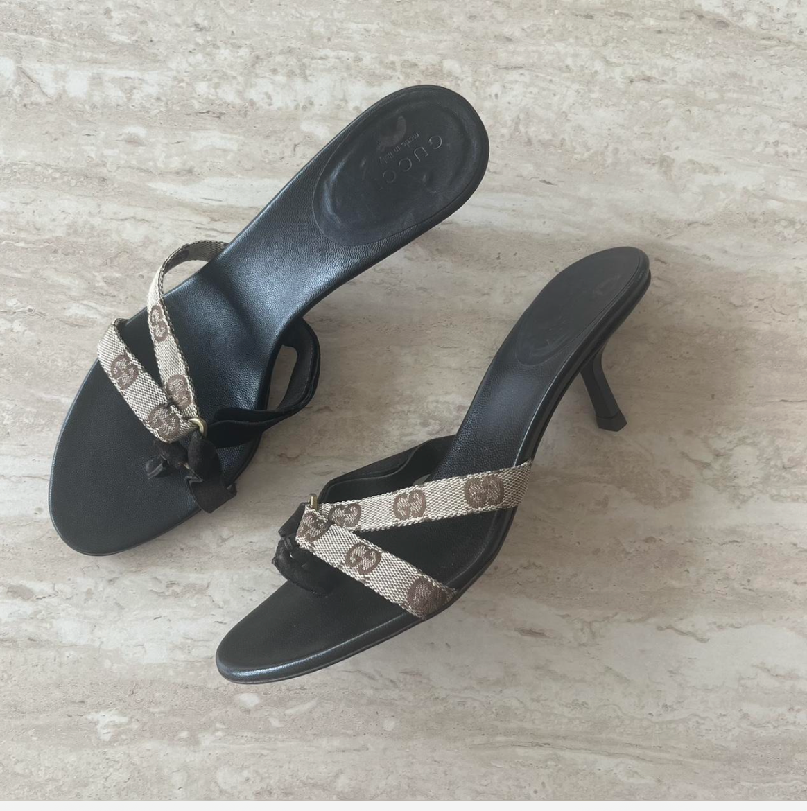 Vintage Gucci Brown Monogram Leather Mule Heels