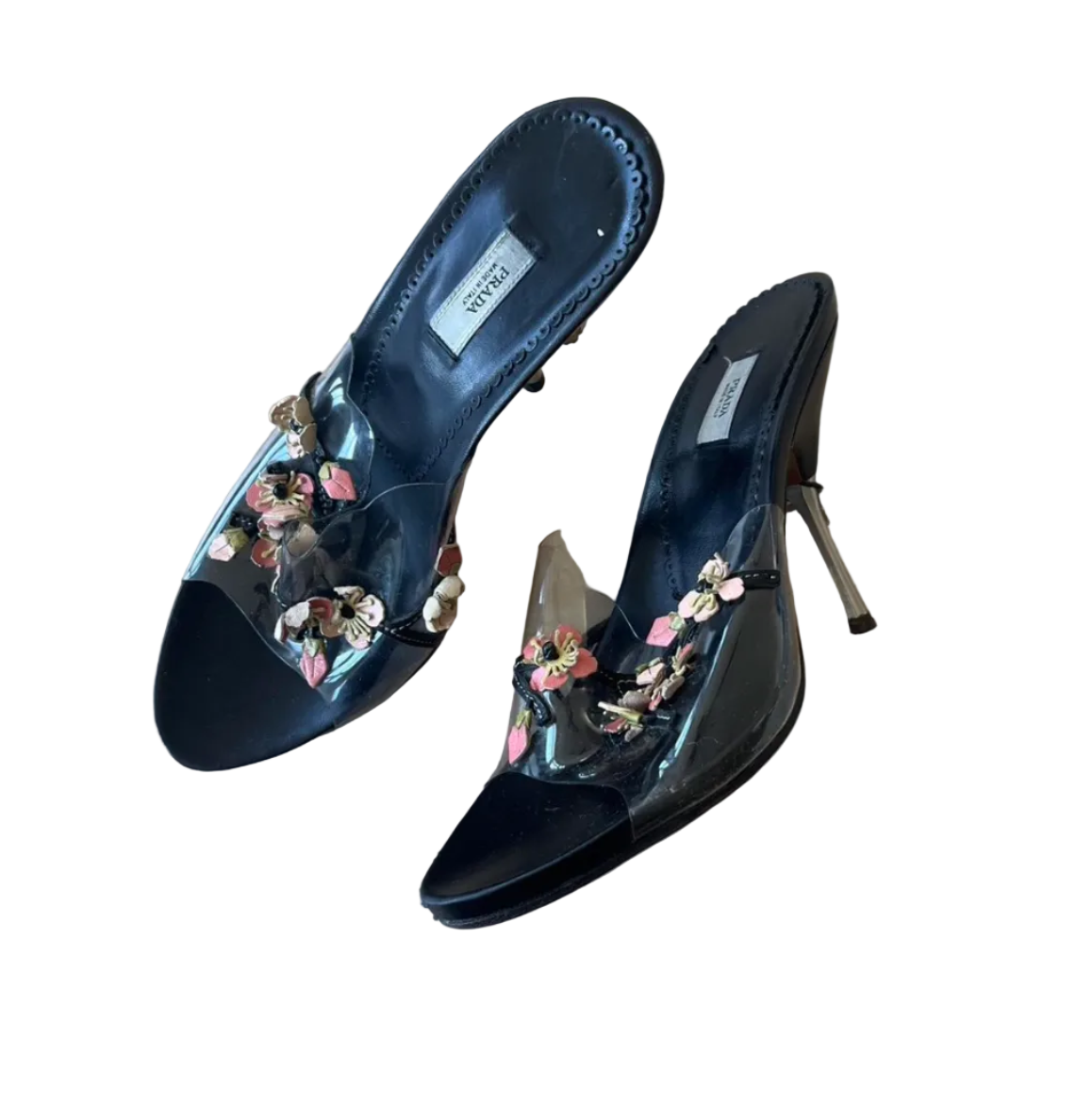 Vintage Prada Sakura Cherry Blossom Floral Appliqué Clear PVC Mule Heels