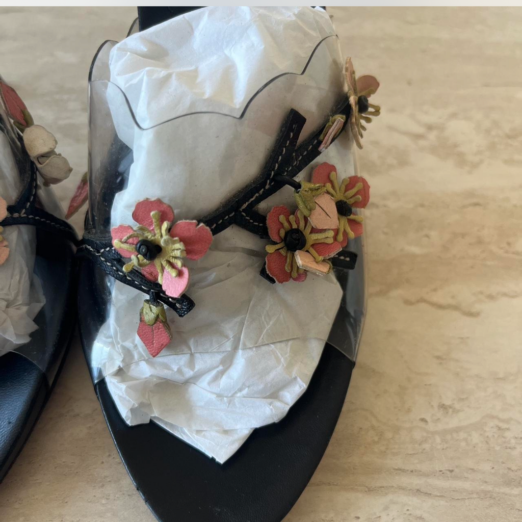 Vintage Prada Sakura Cherry Blossom Floral Appliqué Clear PVC Mule Heels