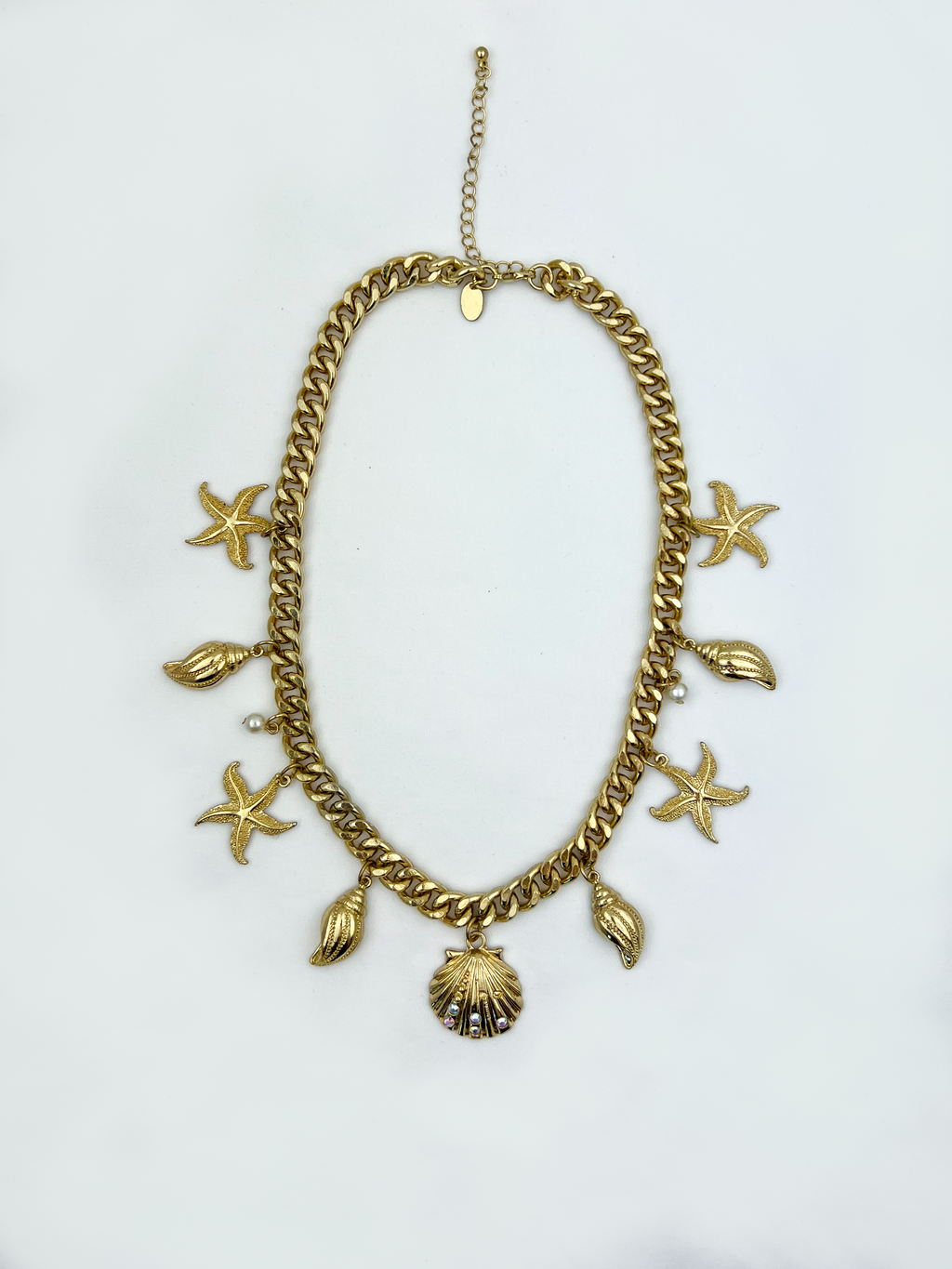 Seashell Rhinestone & Pearl Charm Necklace