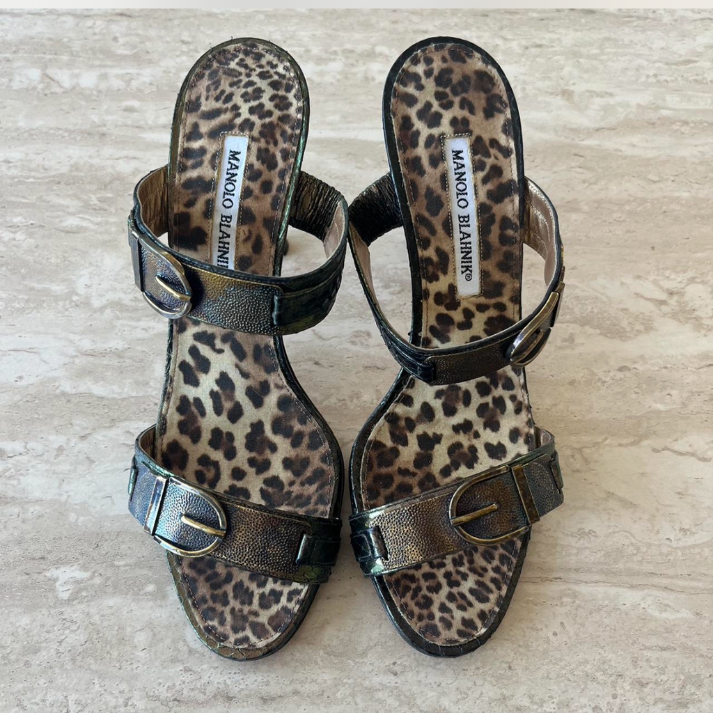 Manolo Blahnik Leopard Metallic Snake Print Buckle Mule Heels