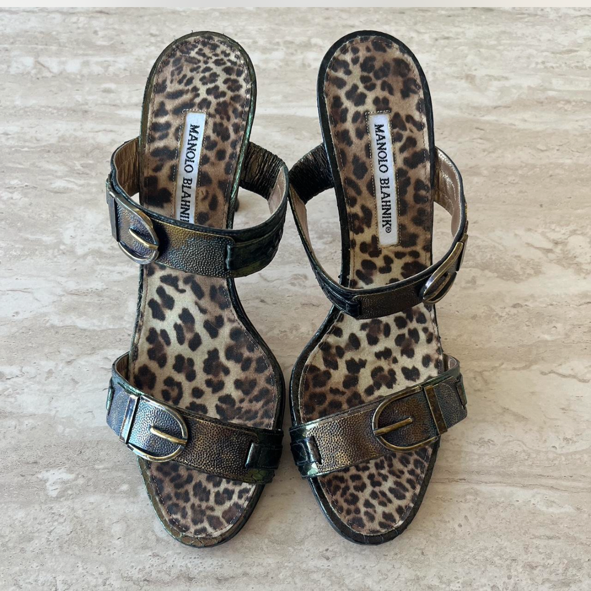 Manolo Blahnik Leopard Metallic Snake Print Buckle Mule Heels