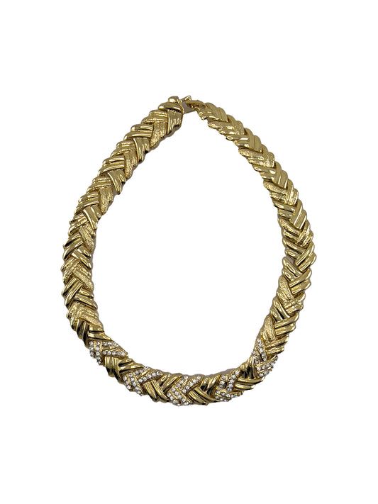 Rhinestone Gold Herringbone Choker Necklace