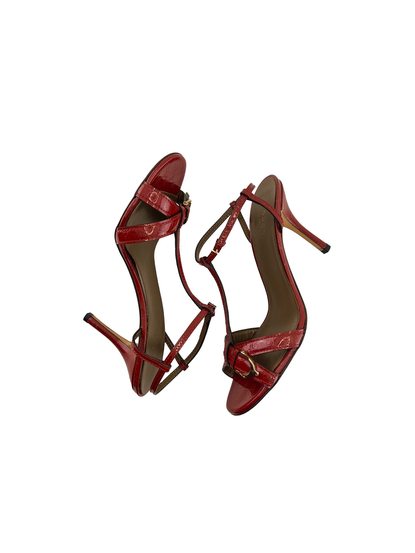 Gucci Red Patent Monogram Strappy Heels