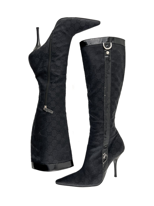 Gucci Black Monogram Stiletto Tall Boots