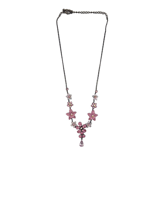 Pink Flowers Rhinestone Gunmetal Choker