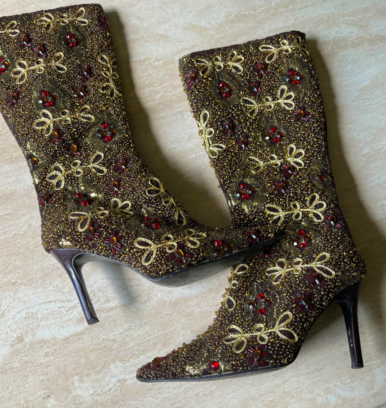 Gold & Red Beaded Tall Boots