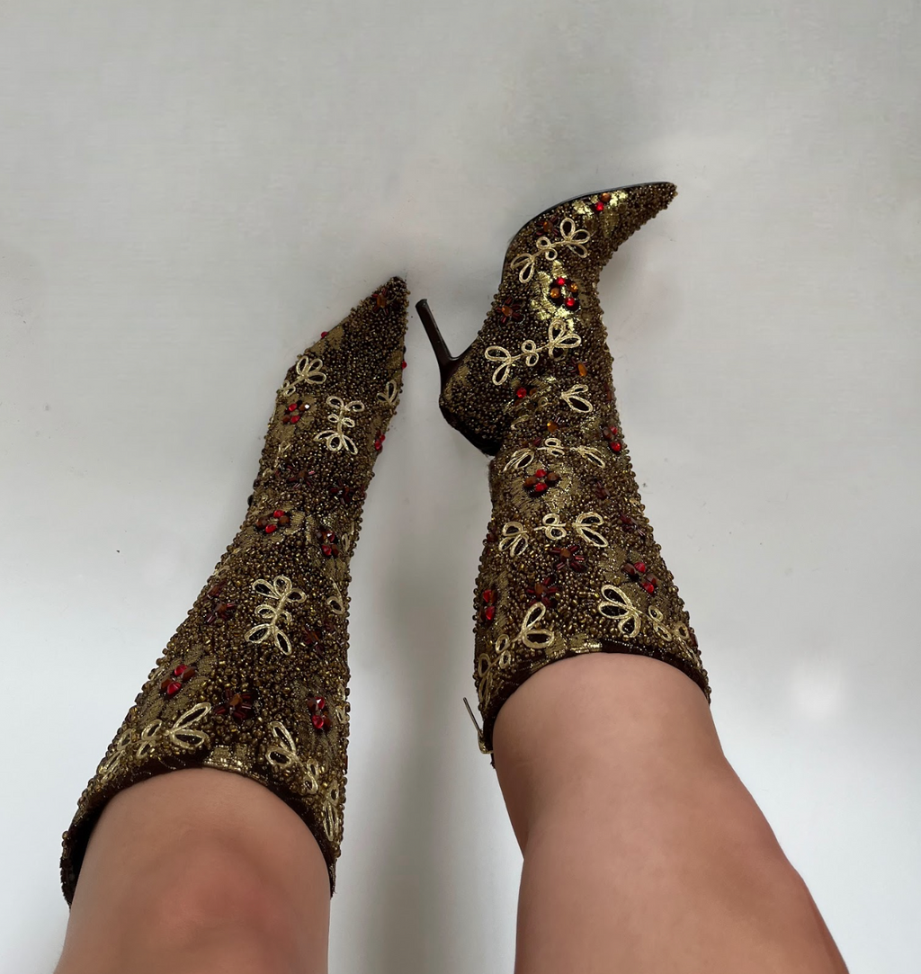 Gold & Red Beaded Tall Boots