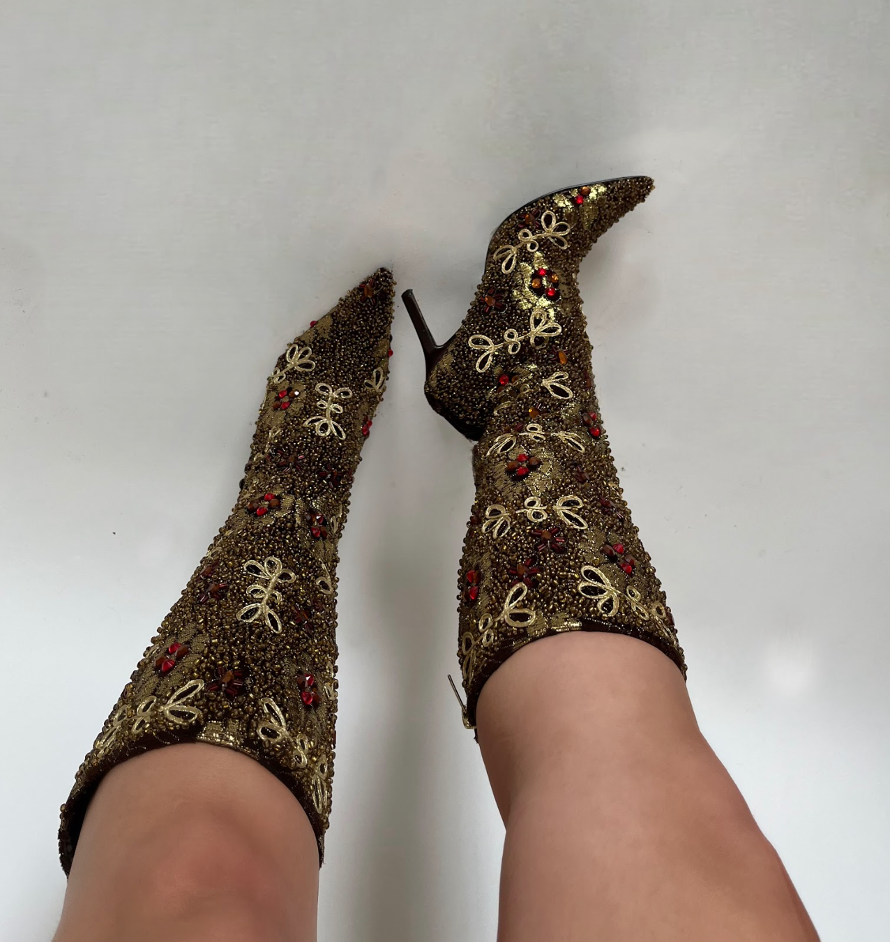 Gold & Red Beaded Tall Boots