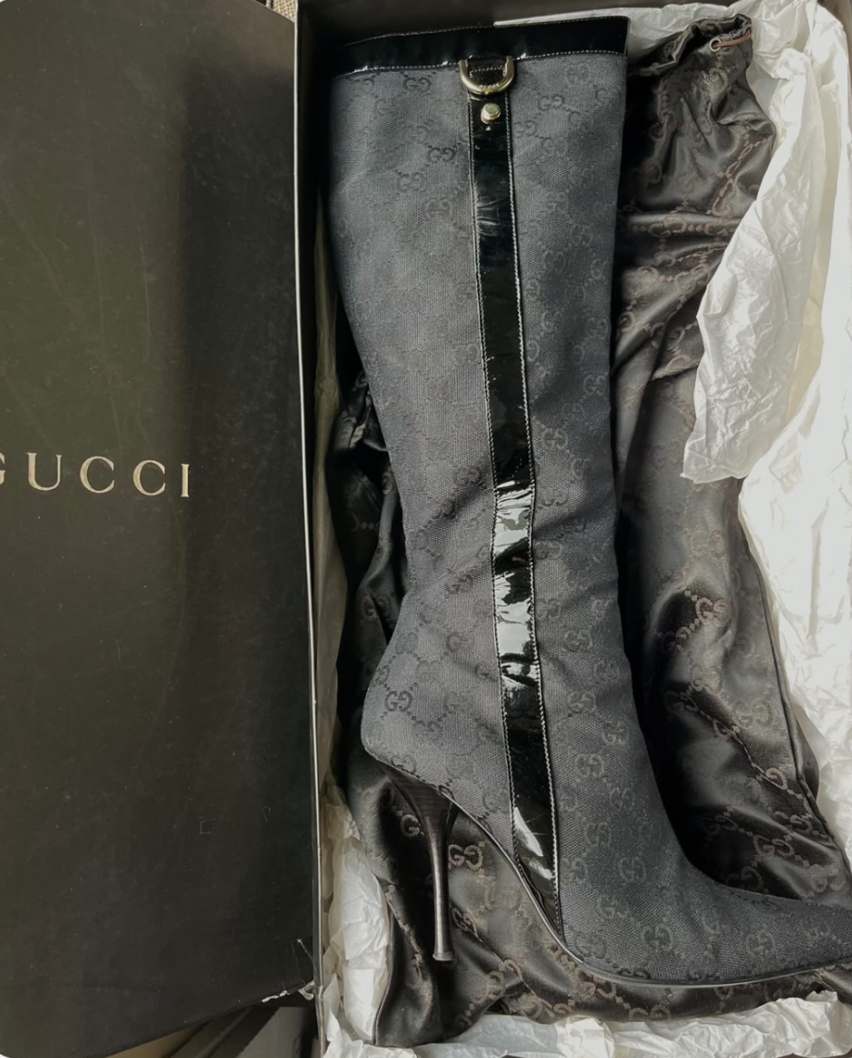 Gucci Black Monogram Stiletto Tall Boots