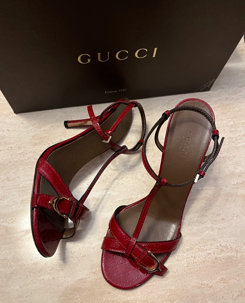 Gucci Red Patent Monogram Strappy Heels