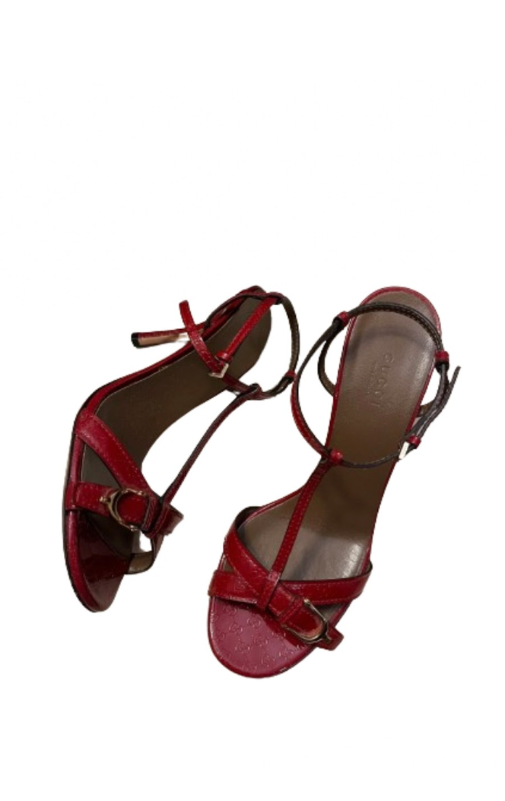 Gucci Red Patent Monogram Strappy Heels