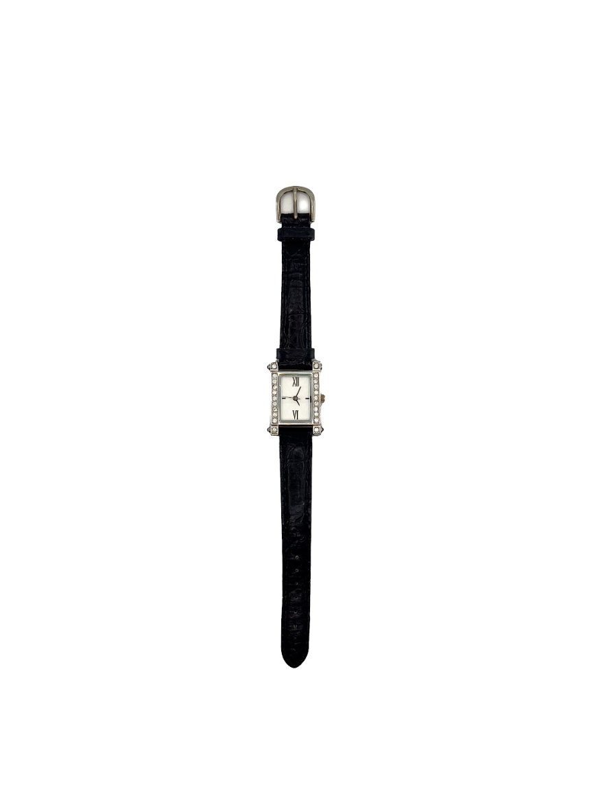 Rhinestone Square Face Black Leather Watch