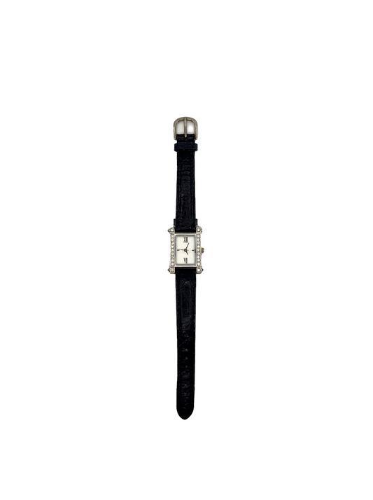 Rhinestone Square Face Black Leather Watch