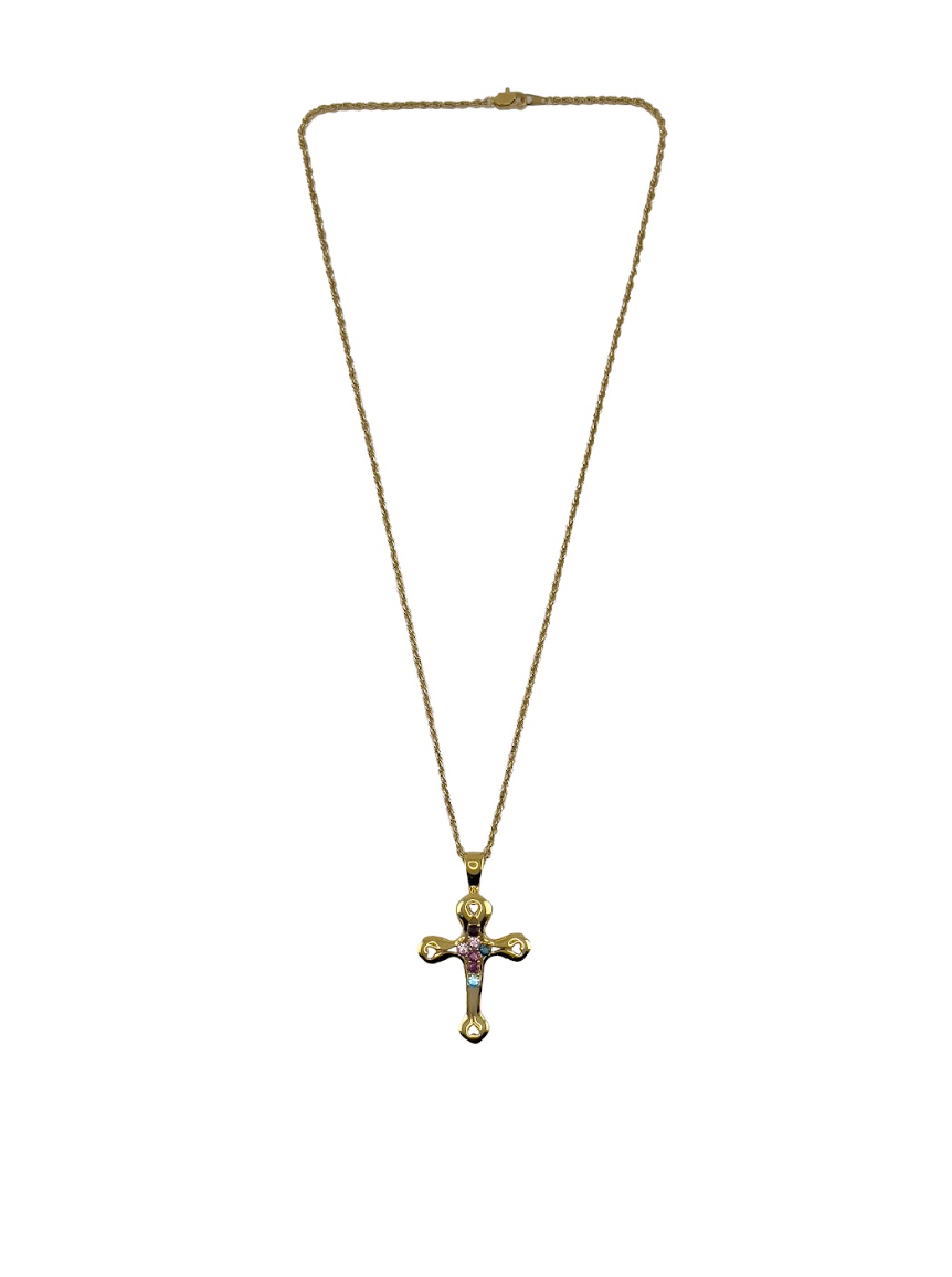 Multi-Gemstone Thick Gold Cross Necklace