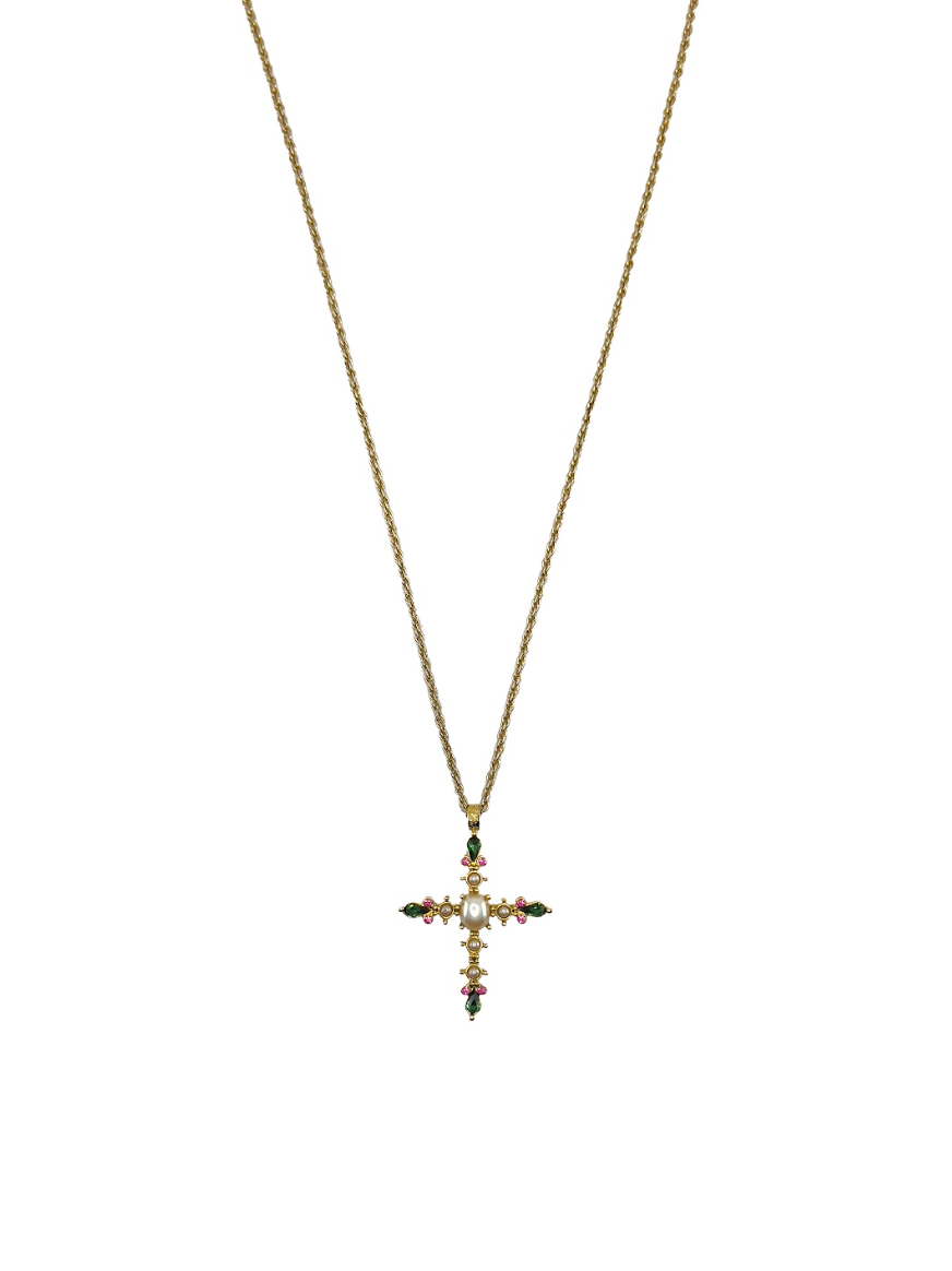 Green & Pink Pearl Gold Cross Necklace