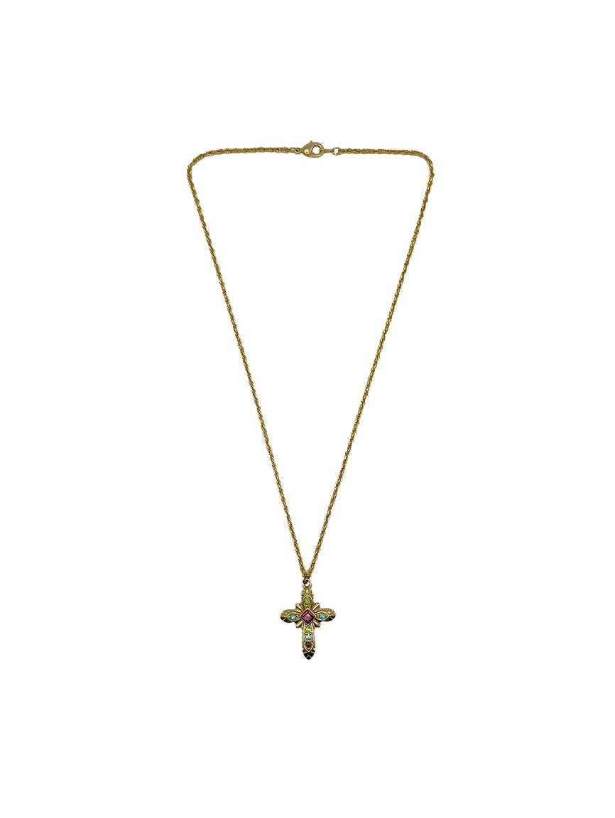 Purple & Blue Gemstone Gold Cross Necklace