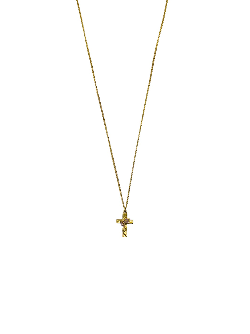 Gold Cross Purple Rose Accent Necklace