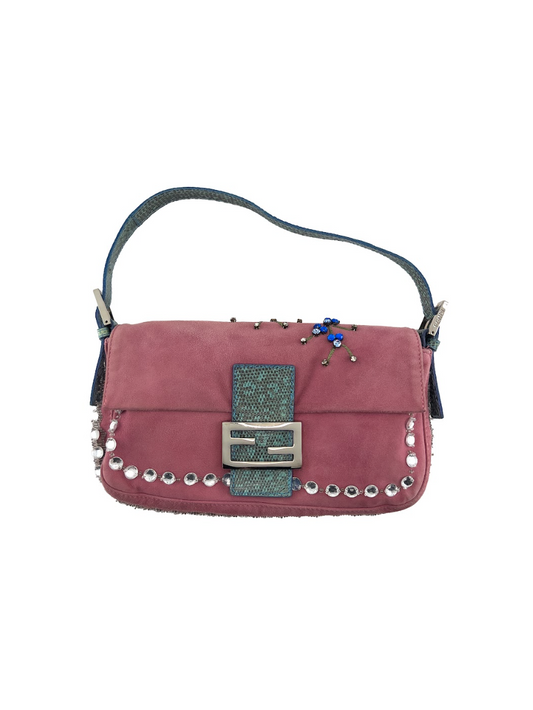 Rare Fendi Pink Suede Embellished Baguette