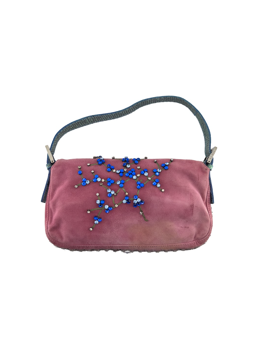 Rare Fendi Pink Suede Embellished Baguette