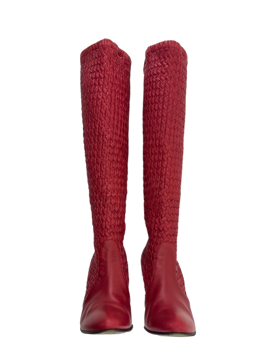 Bottega Veneta Red Knee High Woven Boots