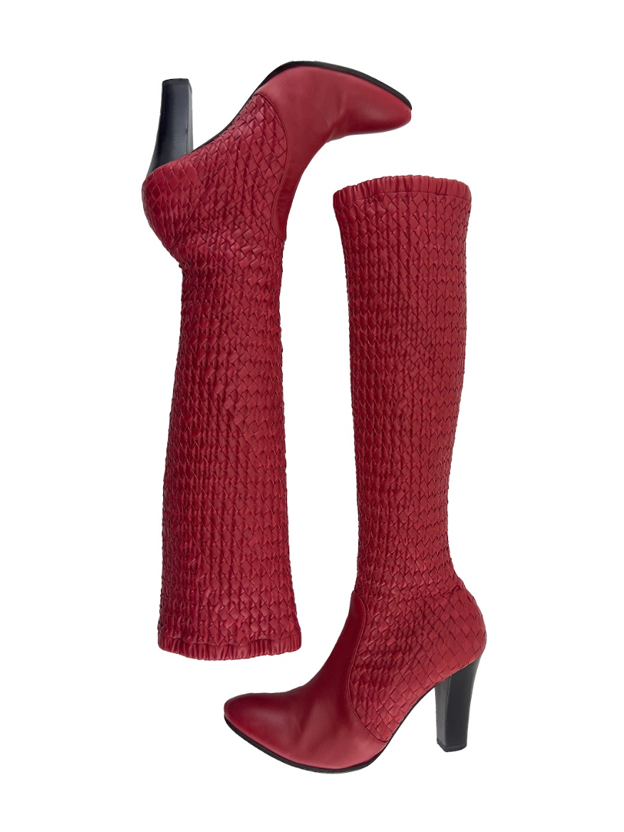 Bottega Veneta Red Knee High Woven Boots